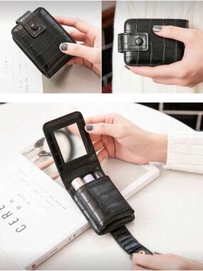 Black Croc-Embossed Lipstick Case with Mirror